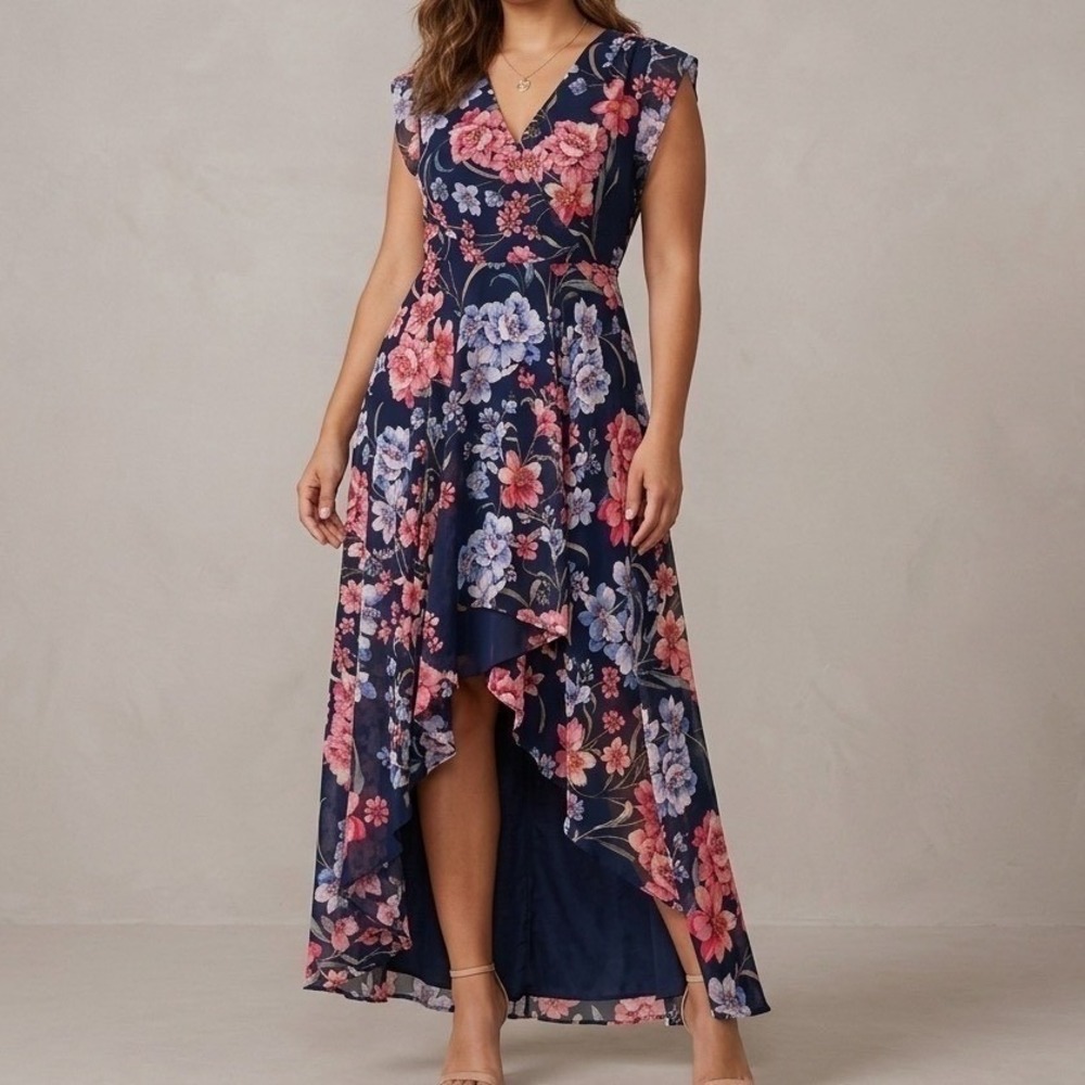 Eliza J | Dresses | Eliza J Cottagecore Floral Maxi Dress Women Navy Pink Ruffle Wedding Guest